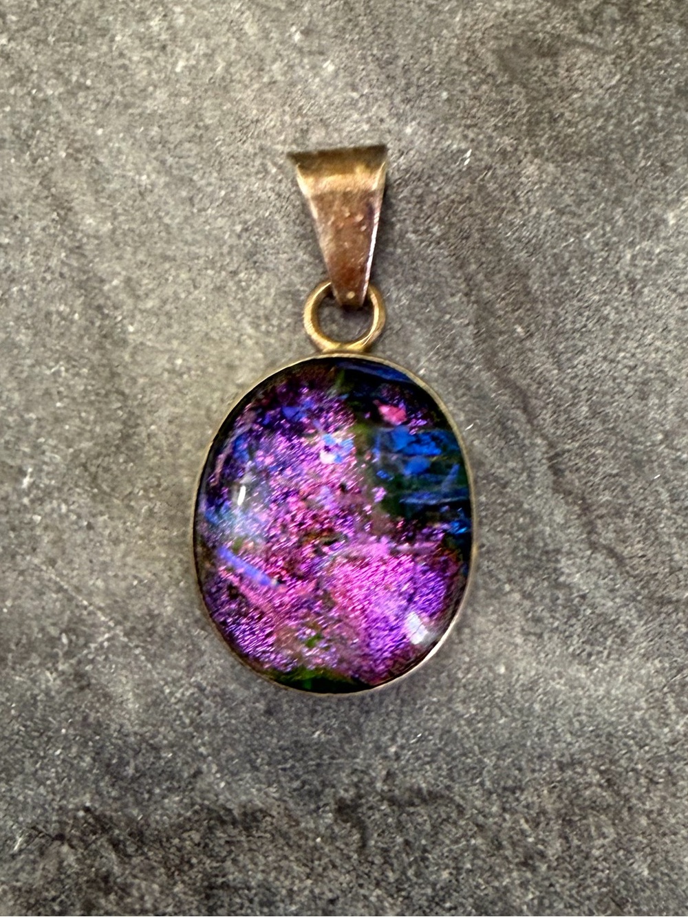 Vintage Sterling Silver Purple Blue Dichroic Glass Angel Pendant Necklace
